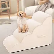 Dog Steps for Small Dog, 4-Step High Density Foam Pet Stairs for High Beds and Couch, Special Slope Design for Injured, Older Dogs Cats, Pet with Joint Pain (Beige, 20'' High, Corduroy Sponge)