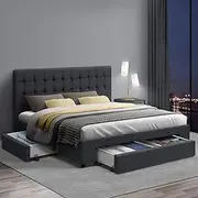 Artiss Queen Bed Frame Platform Tufted Headboard Frames Beds Base with 4 Storage Drawers Bedroom Room Decor Home Furniture, Upholstered with Charcoal Faux Linen Fabric + Foam + Wood