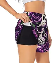 [GaxfjRu] Many Purple Rose Skull Print Women's Running Shorts High Waisted Running Shorts Pocket Sporty Gym Elastic Short