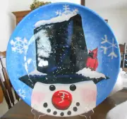 Top Hat Snowman Platter Chop Plate 16" Round Ceramic Certified White Blue Black