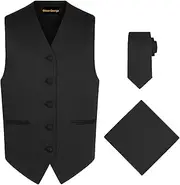 [Oliver George] 3pc Men's Solid Formal Waistcoat Tuxedo Dress Vest Necktie Handkerchief Set For Suit or Tuxedo