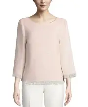 Anne Klein Top Pink Tweed Fringe Trim Scoop Neckline 3/4 Sleeves Pullover Sz XS