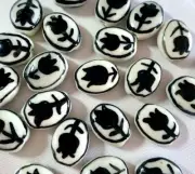 Hand Painted Black Tulip Flat Oval Ceramic Bead DIY Jewelry Making Supply