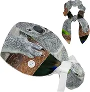 [FVQL] 2 Pcs Nurse Caps for Women, Surgical Cap with Hair Scrunchies, Ponytail Scrub Cap, Koala Animal Funny Pattern