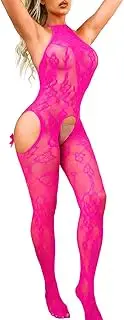 [EHSUYAB] Fishnet Body Suits, Satin Bow, Halter Backless Stretch Lingerie Stocking