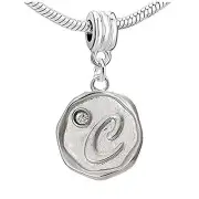 Letter C Carved W/ Clear Crystal Charm Bead