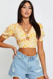 Ditsy Print Puff Sleeve Top Short Sleeve Crop - Size 14, Women's Crop Top