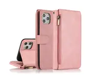 For iPhone 11 Case, Leather Zipper Purse Flip Cover Case with Card Slot Holder Wrist Strap Lanyard (Pink)