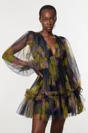Floral Tulle Plunge Woven Mini Dress