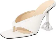 [HOTRA] Women Stiletto Flip Flops for Party Square Toe Leather Mules Thong Pretty Dressy High Heels Slip on Slipper Shoes (Color : White, Size : 3)