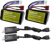 2PCS 11.1V 3000mAh 15C 3S Li-ion Battery with T Plug and USB Charger Suitable for R608 2104 Brushless RC Boat 210E 200E RC Brushless Remote Control Car High-Speed Car Battery
