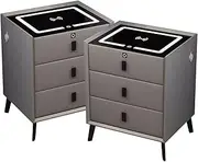 Led Solid Wood Nightstand,Bedside Table for Bedroom,White Nightstand with 3 Drawers,Nightstand with Charging Station,Table, High Gloss,USB,Easy to Assemble/Deep Gray/45Cm_Double Cabinet FANDIAO
