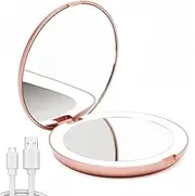 Pocket Mirror, 5X Magnification LED Compact Travel Makeup Mirror with Light for Purse, 2-Sided, Portable, Folding, Handheld, 3.5 inch Illuminated,Small Lighted Mirror for Gift, Pink