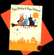 Halloween BIRTHDAY Rabbit Owl Black Cat Moon Broom - Greeting Card - W/ TRACKING