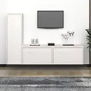 TV Cabinets Solid Wood Pine, Shelf, Stands, Bedroom, Entertainment, Living - Modern Furniture, White, 3 pcs