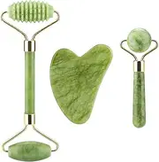 Lamkrtlp Gua Sha Stone, Jade Roller and Gua Sha Set, Jade Face Roller Original Jade Massager, Gua Sha Made of Jade, Grooved Roll Massager, Gua Sha Soothes and Relaxes the Skin