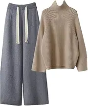 [Generic] Women's Knit Loungewear Sets Turtleneck Long Sleeve Pullover Sweater High Waist Wide Leg Drawstring Knitted Pants Sets