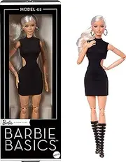 Mattel Barbie Basics Model 02 Collector Doll with Blonde Hair, Black Mini Dress & Gladiator Boots, Universal-fit Fashions, Posable Body & Swappable Doll Head
