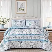 Blue Queen Quilt Set,3 Pieces Floral Pattern Quilts Bedspread,Soft Microfiber Lightweight Retro Bed Cover for All Season(Queen, 96"x90")