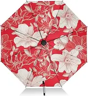 [PDZRMY] Red Line Flower UV Protection Travel Umbrella Compact for Rain and Sun - Auto Open and Close UPF 50+ Windproof Portable 46” Sun Umbrella for Women and Men