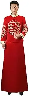 [JIMINISO] Traditional Chinese Qipao for Mens Red Dragon Embroidery Evening Gown Wedding Toast Costumes Groom Tang Suit Long Gown