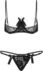 [GRRKDFQ] Women's Erotic Teddies & Bodysuits Lace Open Cups Bra+G-String Lingerie