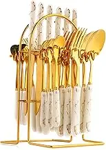 24-Piece Gilded Stainless Steel Flatware Set,Kitchen Utensil Tableware Cutlery Set Service for 6, Steak Cutlery Set for Home and Restaurant (White)…