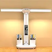 YNDD 7 W LED Desk Lamp Children, Dimmable Battery Desk Lamp Wireless with Clock/Pen Holder/LCD Display/Calendar/Temperature, 3 Light Colours, 3200 mAh Battery, Office Lamp for Girls and Boys, White