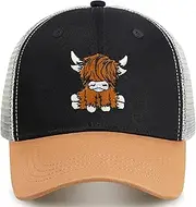 [gswirmchsq] Scottish Highland Cow Hat, Cute Embroidery Mesh Baseball Cap Trucker Hats Highland Cow Gifts for Women Men