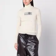 [MM6 Maison Margiela] Distressed turtleneck sweater with Numeric Signature L White