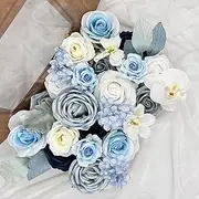 NoriStyle Dusty Blue Artificial Flowers for Decorations, Fake Blue Rose Peony Orchid Flowers and Leaves for Wedding Bouquet Bridal Shower DIY Home Vase Cake Indoor Outdoor Decor