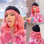 CLOVAD Short Wavy Wig with Bangs for Women, Curly Wave Pink Synthetic Heat Resistant Fiber Wigs,Natural Looking Long Wigs for Girls Party Cosplay(14inches,Pink)
