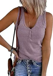 [GRECERELLE] Women's Summer Vest Elegant Solid Color V-Neck Sleeveless Tops with Row Buttons, Taro, M