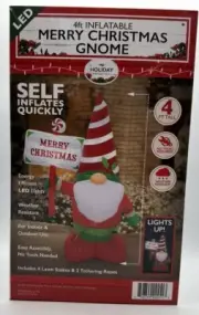Merry Christmas Gnome 4Foot Inflatable LED Lights Indoors Or Out Self Inflates