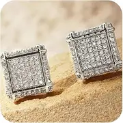 [Mnyixsi] 18K Gold Plated 925 Sterling Silver Iced Out Cubic Zirconia Screw Back Square Stud Earring for Men Women Hypoallergenic Earring Micropave Hip Hop Jewelry