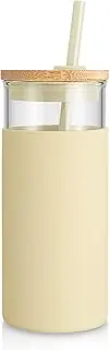 Tronco 20 oz Glass Tumbler with Lids and Straws, Glass Water Bottle Silicone Protective Sleeve, Iced Coffee Cup with Bamboo Lid, Reusable Smoothie Cup, BPA Free (Gravel Ash 1 Count)