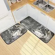 XYMZR Kitchen Mat Wolf Winter Snow for Floor, 2 Piece, Non Slip Washable Kitchen Rugs for Kitchen & Home Decor, Sink, Bathroom 19.7” x 27.6” + 19.7” + 47.2”