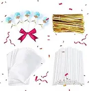 Cake Pop Sticks, Parcel Bags, and Colorful Metallic Twist Ties (100Pcs Each) for Making Lollipops, Cake Pops, Candies, Chocolates and Cookies (Small-3.9inch)