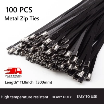 11.8"Black Metal Zip Tie 304 Stainless Steel Heavy Duty Zip Tie Cable Tie 100PCS