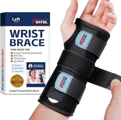 FEATOL Left Wrist Brace Carpal Tunnel Adjustable Night Wrist Support Brace M/L