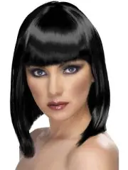 Deep Black Glam Wig Short Blunt Bob Cut with Fringe Fancy Dress Accessory