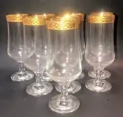Set Of 8 Crystal Footed Ice Tea Glasses Textured Band Gold Rims Circleware H7.5"
