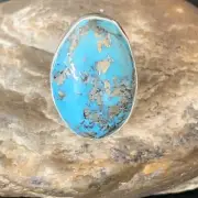 Blue Turquoise Navajo Sterling Silver Ring Size 8.5 Adjustable 14035