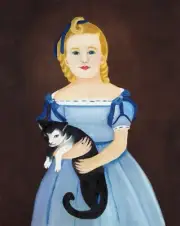 OrIgInAl FoLk ART OiL PaInTiNg GiRl BlAcK WhItE CaT EaRlY AmErIcAn PoRtRAiT