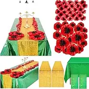 96 Pcs Wizard Party Decor Green Holographic Tablecloth and Gold Sequin Table Runner with Artificial Red Poppy Flowers for Witch Princess Cosplay Birthday Party Supplies (Solid)
