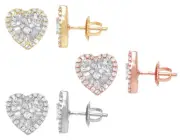 Concentric Hearts Baguette 0.65 CT Real Diamond Cluster Stud Earrings Gold ...