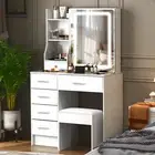 Dressing Table LED Makeup Slide Mirror Stool Set Vanity Desk White 6 Drawers