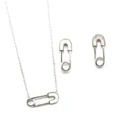 Shell Safety Pin with Rhodium Plated Necklace and Earrings Jewelry Set.