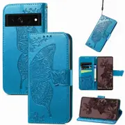 For Google Pixel 7 Case, Butterfly Embossed PU Leather Wallet Folio Cover, Stand, Blue