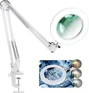 Magnifying Glass with Light and Stand, 5 Inches 5X Real Glass Lens, 3 Color Modes Stepless Dimmable LED Desk Lamp, Adjustable Arm Magnifier Light for Reading Repair Crafts Close Work - White